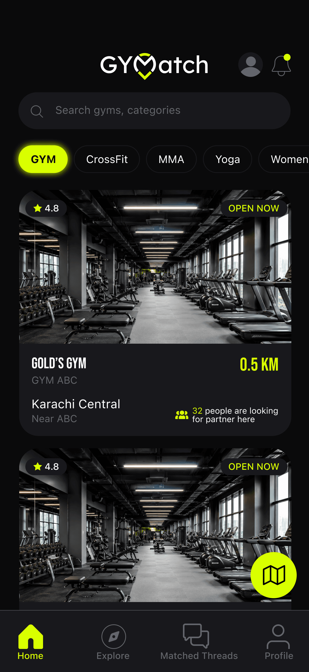 GYMatch Main Home Feed App Screen